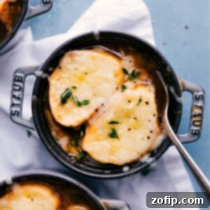 Classic French Onion Soup with bubbly Gruyere cheese topping