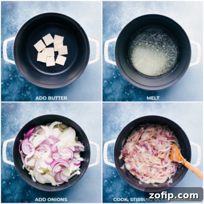 Process shots of butter and onions being added and cooked for French onion soup