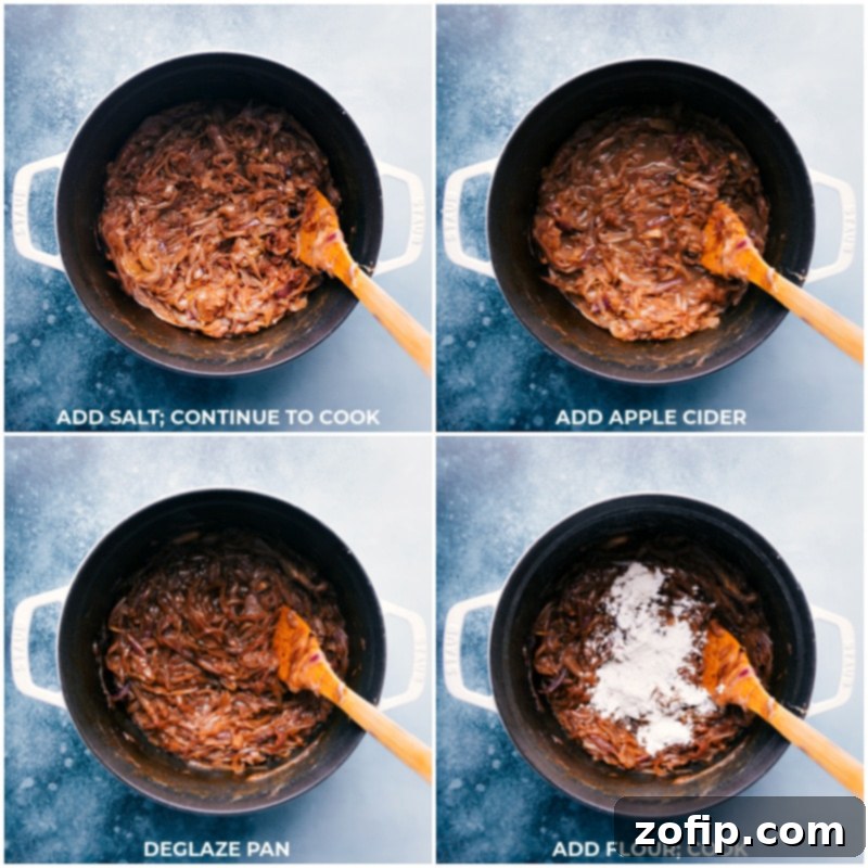 Process shots of salt, apple cider, and flour being added to onions for French onion soup