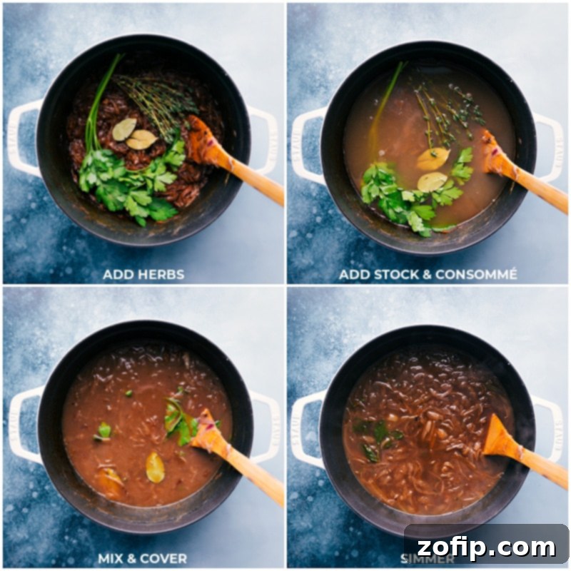 Process shots of herbs, stock, and consommé being added and simmering for French onion soup