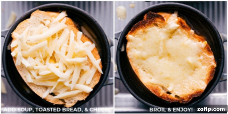 Process shots of bread, cheese, and soup being added to French onion soup