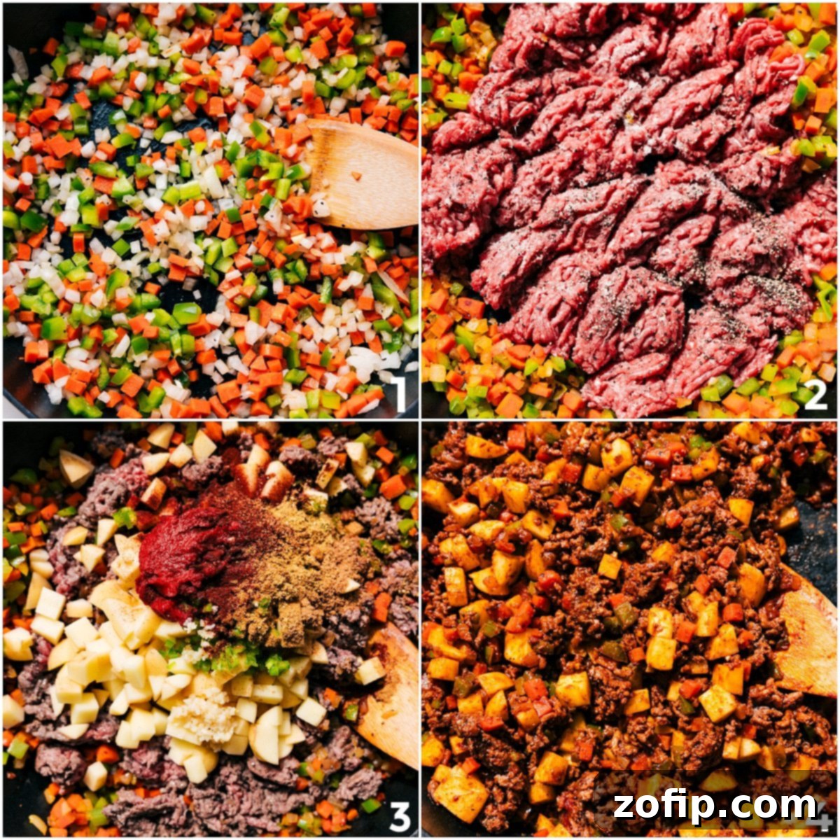How To Make Authentic Mexican Picadillo Recipe at Home Step-by-step process of making Mexican Picadillo: First, colorful diced vegetables (onions, carrots, bell peppers) are sautéed in olive oil. Next, lean ground beef is added to the pan, seasoned, and browned alongside the softened vegetables. Finally, tomato paste and a medley of spices are incorporated, simmering together to create a rich, aromatic base for the Picadillo.