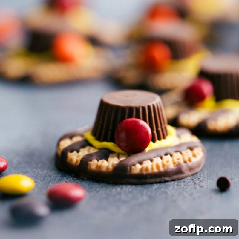 Easy-to-Make Pilgrim Hat Cookies for Thanksgiving Creative Pilgrim hats fashioned from cookies and candy, offering a playful and easy Thanksgiving dessert idea for your holiday table.