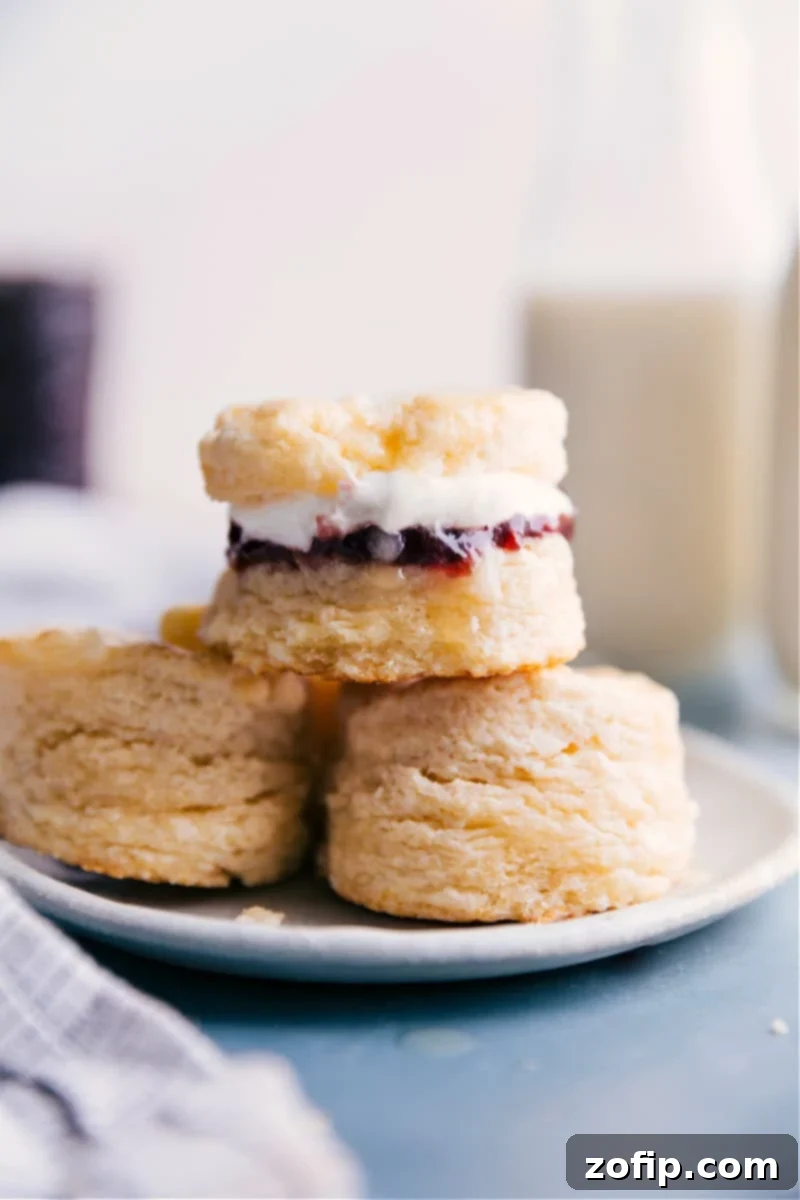 A plate of golden-brown, flaky homemade biscuits