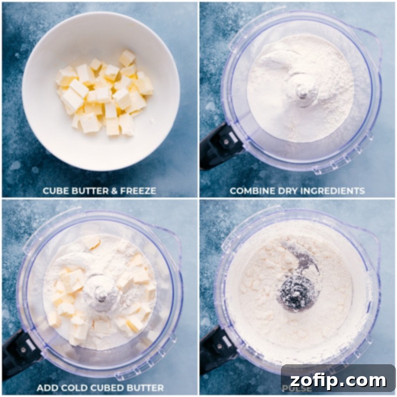 Process shots: freezing butter cubes, combining dry ingredients, adding butter, and pulsing to combine in a food processor.