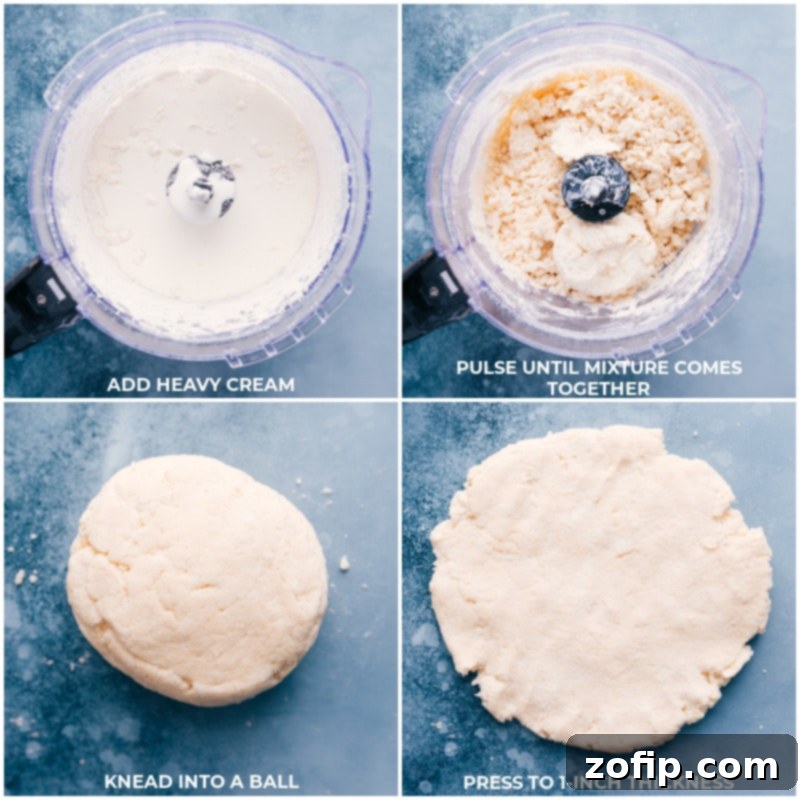 Process shots: adding heavy cream to the food processor, briefly pulsing to combine ingredients, kneading into a ball, and pressing to a 1-inch thickness.