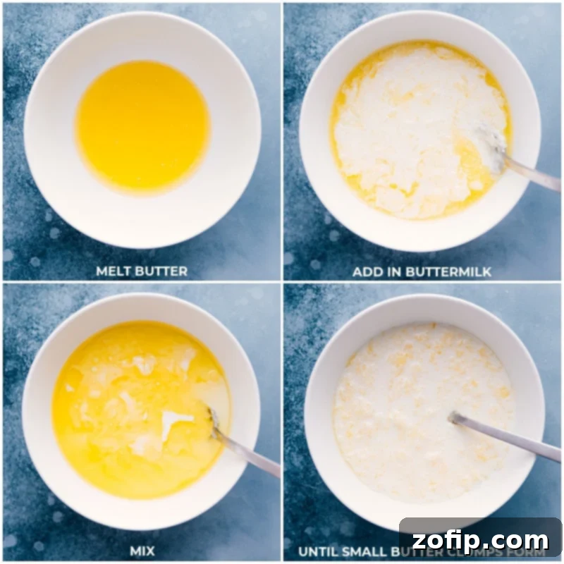 Simple mixing of butter and buttermilk for easy Drop Biscuits. Process shots showing cold buttermilk being mixed into melted butter, forming small clumps, a crucial step for tender drop biscuits.
