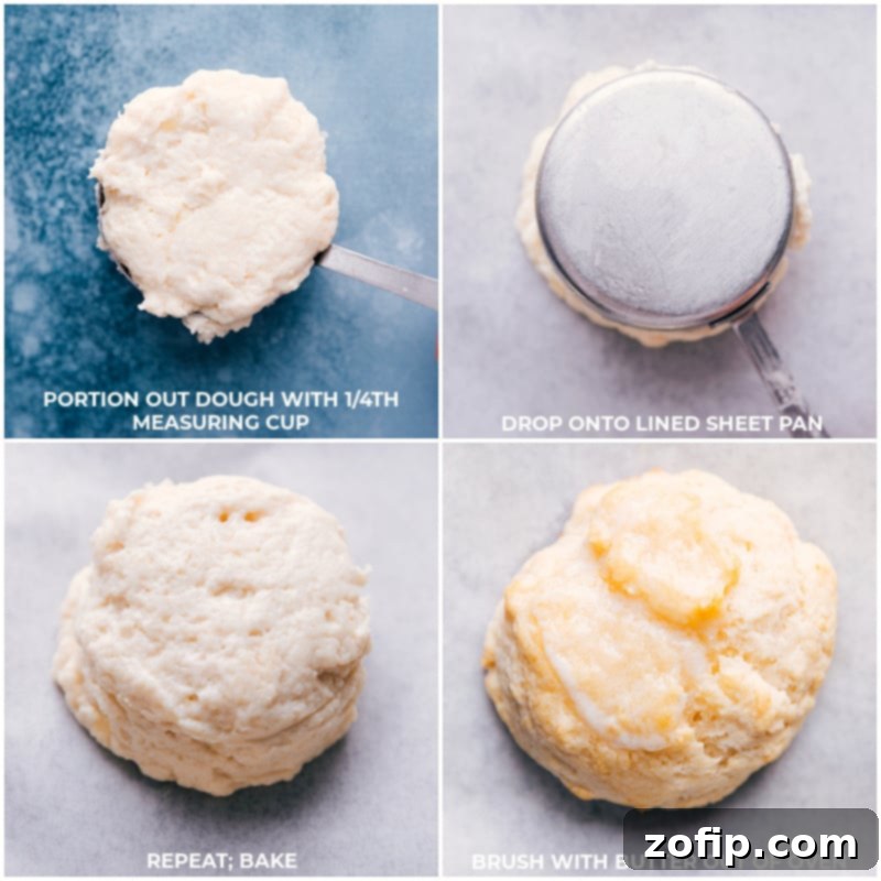 Easily scoop and bake these homemade Drop Biscuits for a delicious treat! Process shots illustrating the final steps of making drop biscuits: dough being scooped onto a sheet pan, then baked to golden perfection.