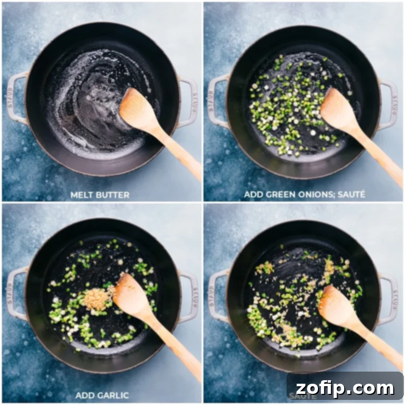 Process shots: Melt butter and sauté green onions and garlic for the corn pasta.
