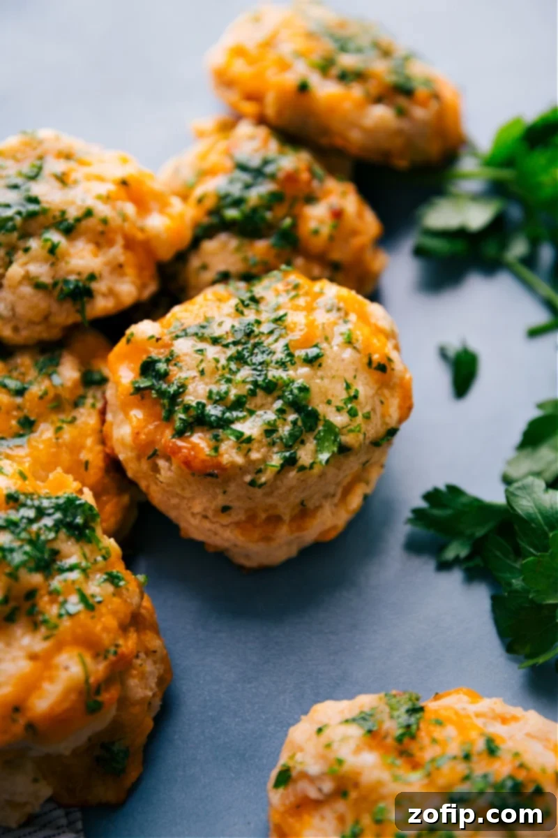 Red Lobster Biscuits: The ultimate homemade copycat recipe for fluffy, cheesy garlic butter biscuits. A plate of freshly baked Red Lobster copycat biscuits, golden brown and garnished with fresh parsley.