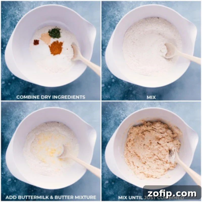 Red Lobster Biscuits: Gentle mixing of dry and wet ingredients is key for light, fluffy copycat biscuits. Process shots: Combining dry ingredients, adding the buttermilk and butter mixture, and mixing briefly to form the biscuit dough.