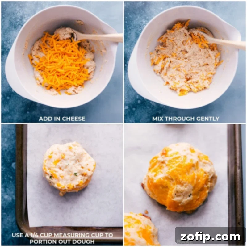 Red Lobster Biscuits: From dough to golden perfection – a visual guide to making fluffy, cheesy, garlic butter biscuits at home. Process shots: Adding shredded cheddar cheese to the biscuit dough, gently mixing, dropping 1/4-cup portions onto a baking sheet, and baking until golden.