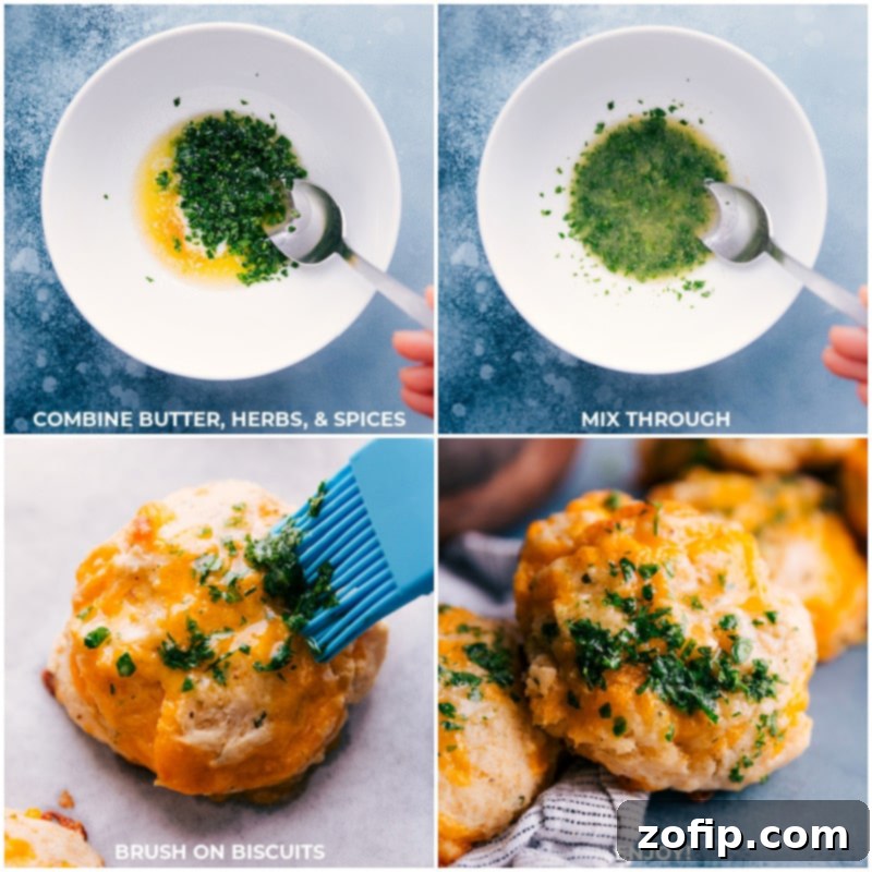 Red Lobster Biscuits: The final touch – brushing each golden, cheesy biscuit with a generous layer of savory garlic butter. Process shots: Combining melted butter with herbs and spices for the garlic butter topping, mixing well, and brushing onto warm, freshly baked biscuits.