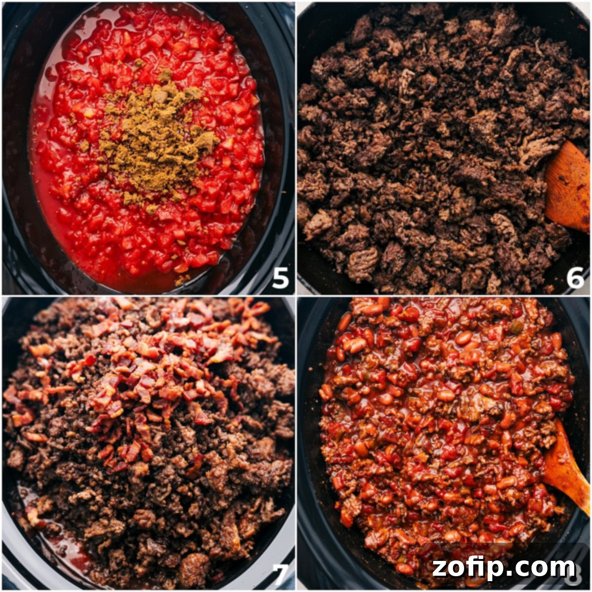 All the delicious chili ingredients simmering together in a slow cooker, producing a rich aroma.
