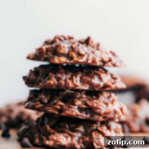 Easy No-Bake Cookies 3 Stacked no bake cookies ready to be enjoyed, showcasing their rich, fudgy texture.