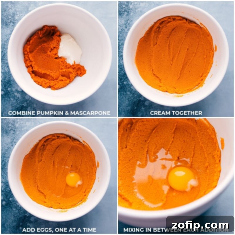 Process shots-- adding pumpkin, mascarpone, and eggs to a bowl and mixing it all together for the ultimate pumpkin pie filling.