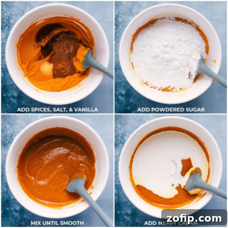 Mixing spices, salt, vanilla, powdered sugar, and cream in a bowl for Pumpkin Pie recipes filling, illustrating the ease of preparation.