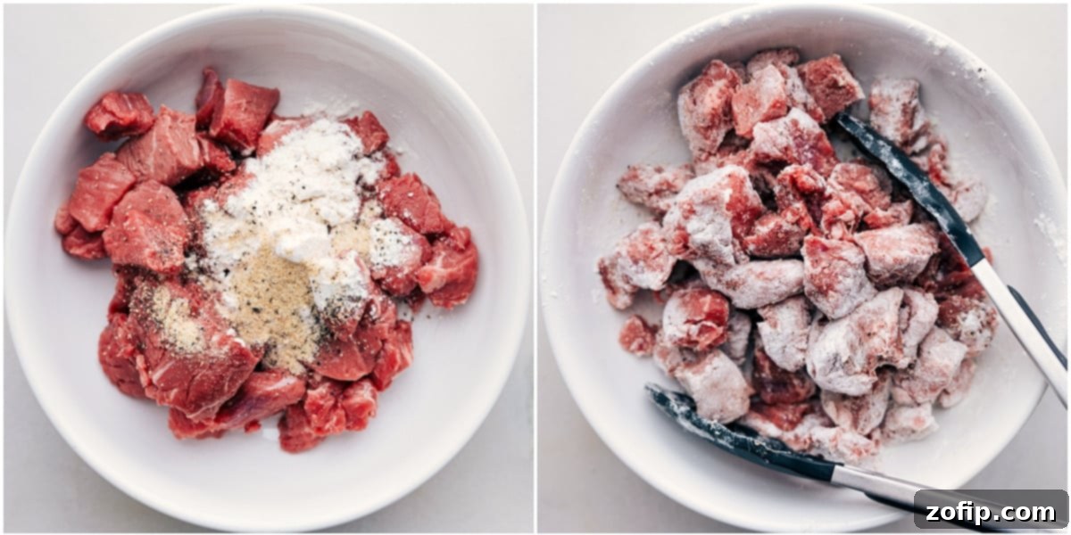 Tossing beef chuck roast with flour, seasoned salt, and pepper in a bowl before adding to the slow cooker for the Sweet Potato Stew.