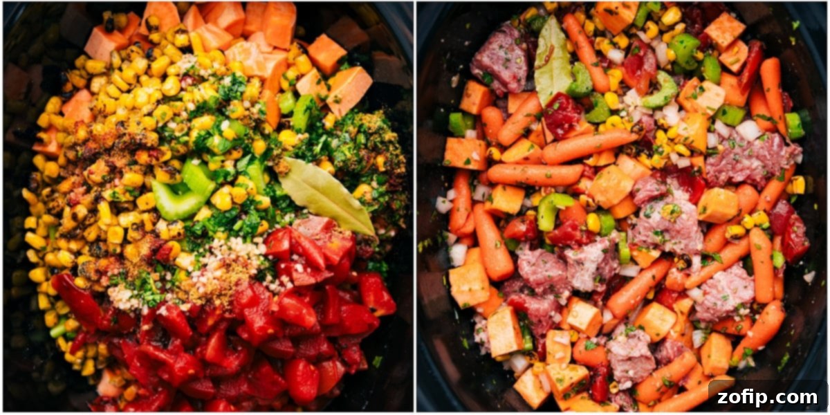 All the hearty ingredients combined in a slow cooker, ready to cook into a delicious Sweet Potato Stew.