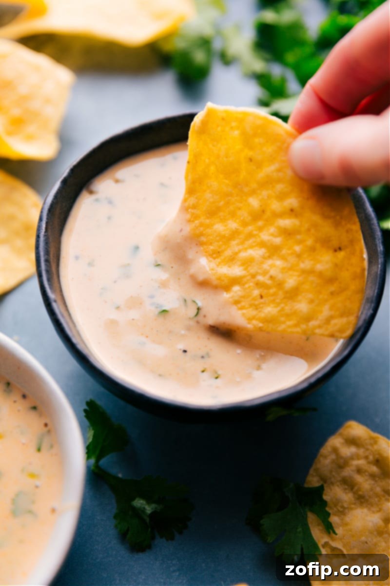 Overhead image of a chip being dipped in this Queso Dip Recipe