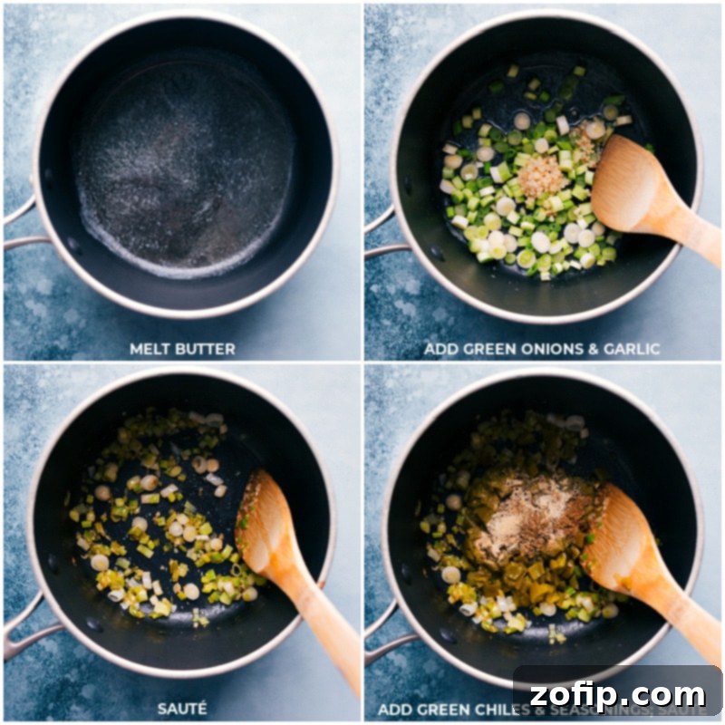 Process shots-- images of the butter, green onions, garlic, green chiles, and seasonings