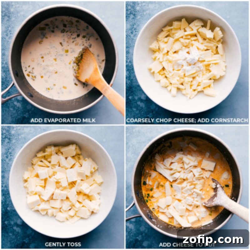 Process shots of Queso dip recipe-- images of the evaporated milk, cheese, and cornstarch being added and melted together