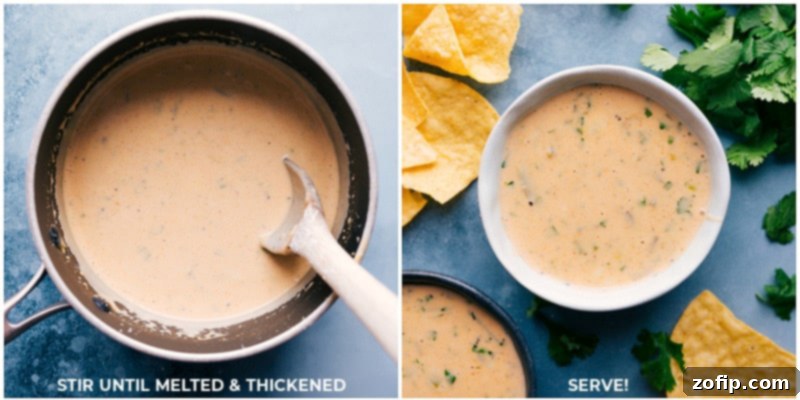 Overhead image of the dip ingredients being melted together and served