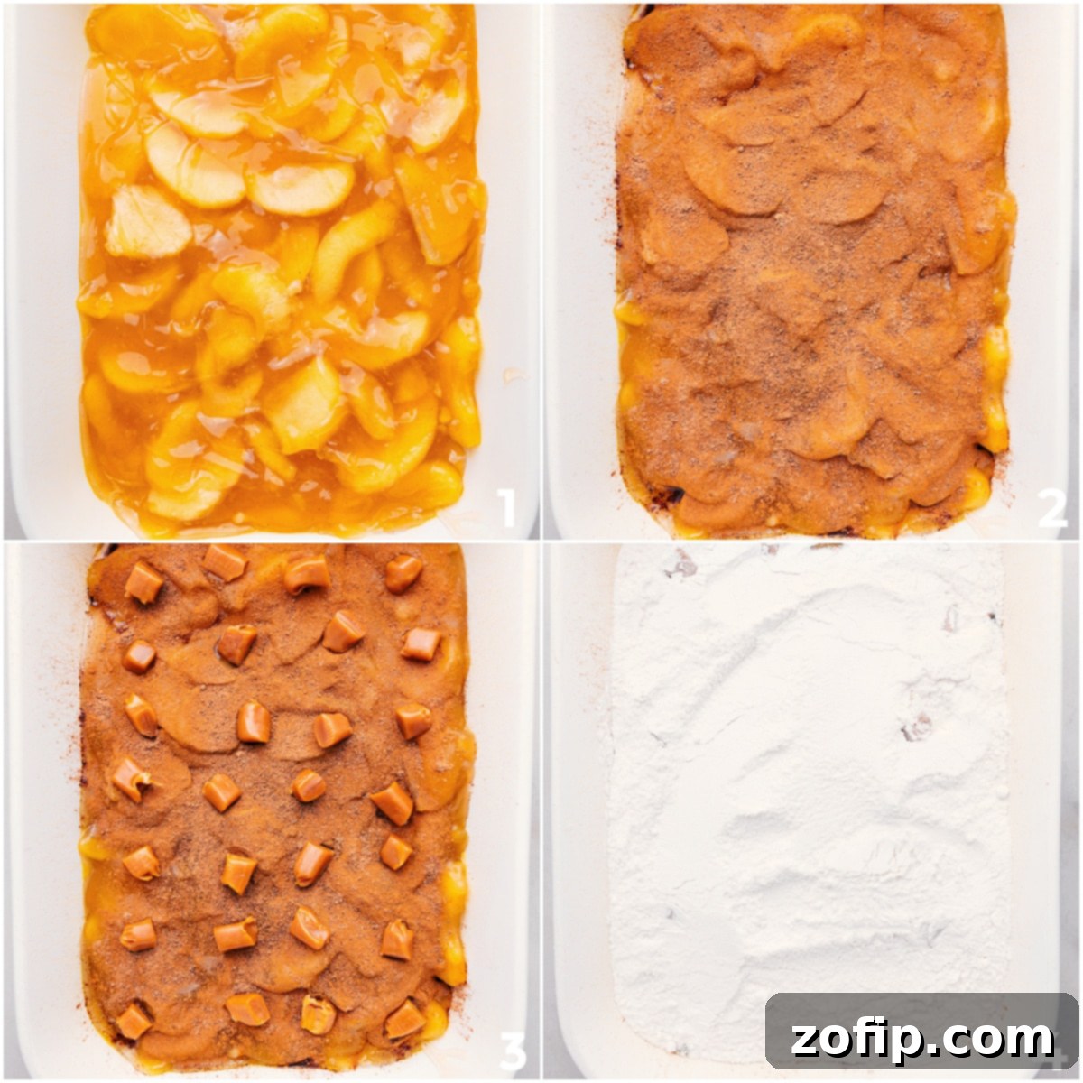 Step-by-step imagery showing the layering process of Apple Dump Cake: first the apple pie filling, then dry cake mix, sprinkled spices, and finally chopped caramels, all in a 9x13 inch baking pan.