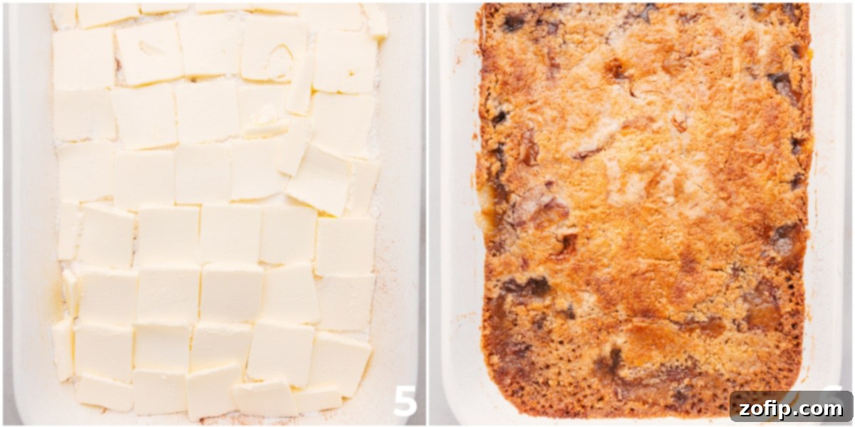 Thinly sliced butter arranged on top of dry cake mix in a baking dish, before and after baking to a golden brown.