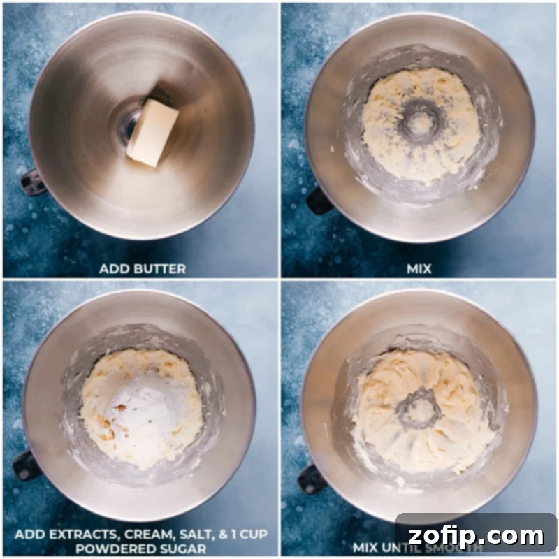 Step-by-step images showing butter, extracts, cream, salt, and powdered sugar being added and mixed into a smooth dough for butter mints.