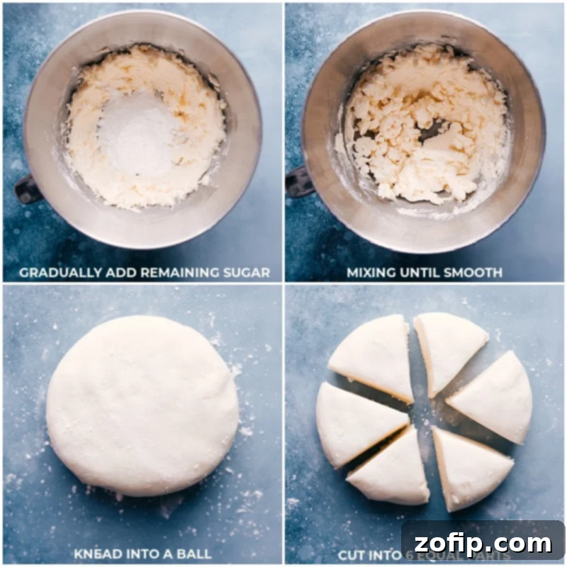 Process shots of butter mints dough: adding sugar, mixing until smooth, kneading into a ball, and cutting into wedges.