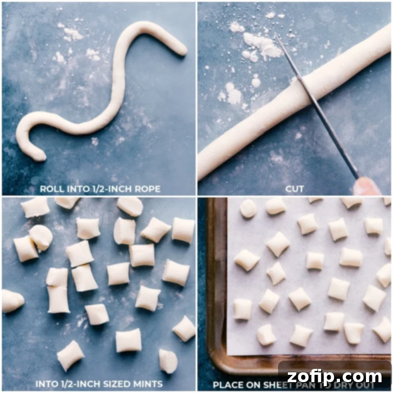 Process shots of butter mints: rolling dough into a rope, cutting into 1/2-inch chunks, and setting them aside to dry.