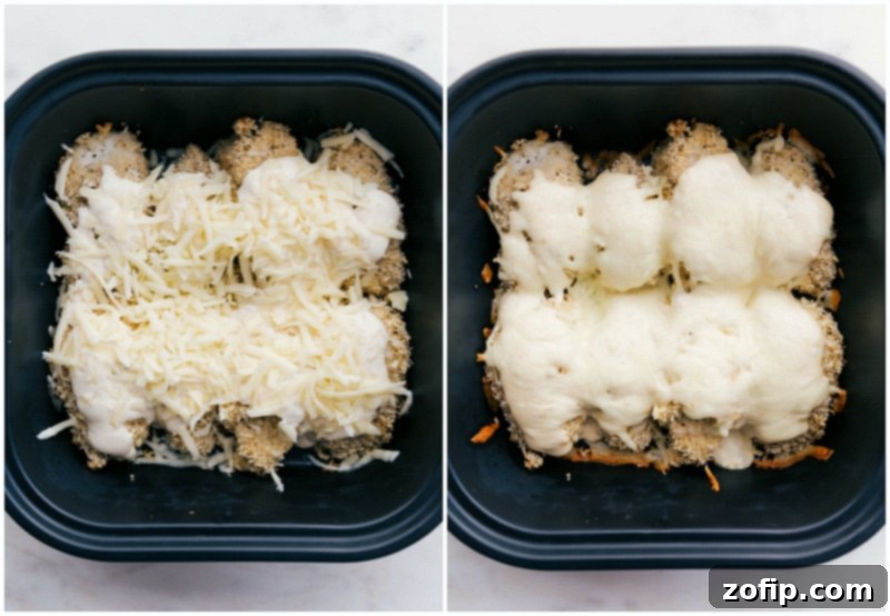Chicken in an air fryer, before and after baking until well done with melted cheese on top.