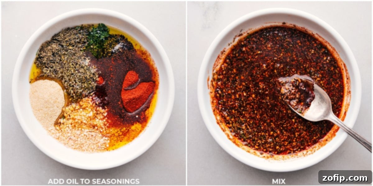 A bowl showcasing a vibrant mix of dried seasonings blended with olive oil, creating a rich paste ready to flavor the turkey.