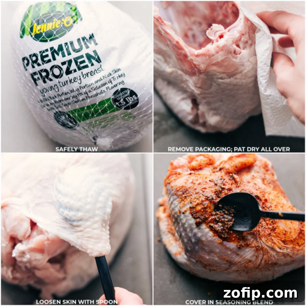 A sequence of images showing the preparation of turkey: removing from packaging, patting dry, gently loosening the skin, and applying a rich seasoning blend.