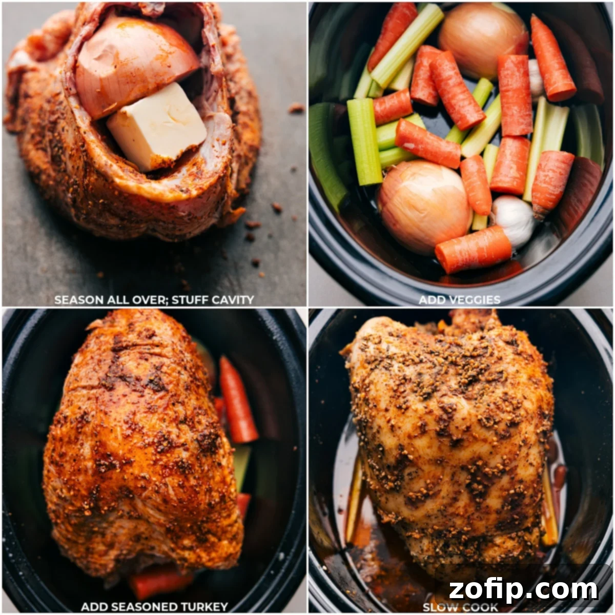 Detailed sequence of preparing a Crockpot Turkey Breast: seasoning the turkey thoroughly, stuffing its cavity with aromatics, layering vegetables in the crockpot, and finally placing the seasoned turkey on top for slow cooking.
