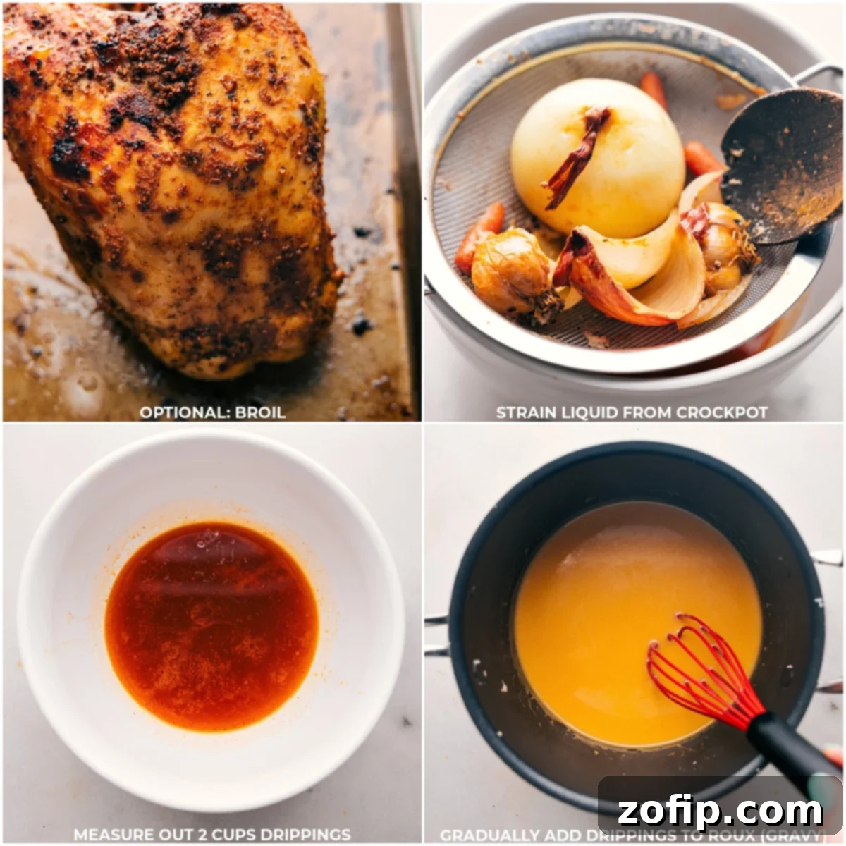 A series of culinary actions: transferring the slow-cooked turkey breast from the crockpot to a pan for broiling, straining the flavorful liquid from the crockpot, and combining it with drippings to craft a rich, homemade gravy.