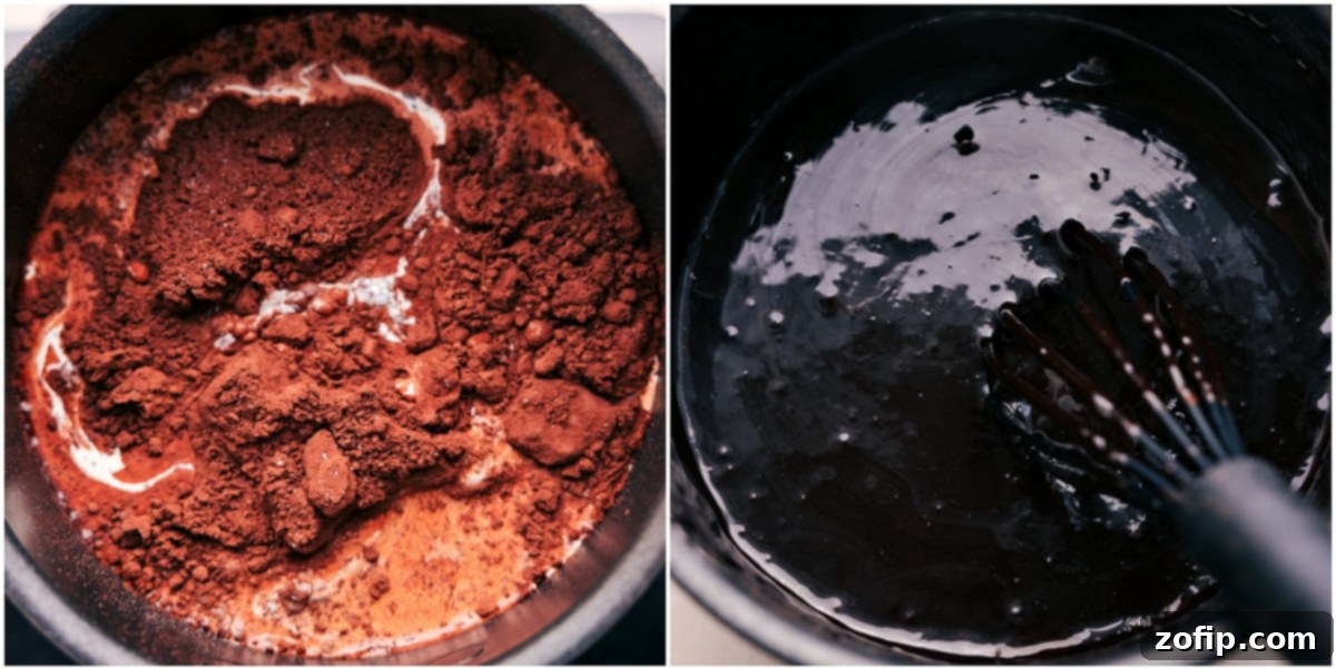 All the ingredients for the best hot fudge topping sauce are whisked together in a single pot on the stove, creating a smooth and delicious mixture.