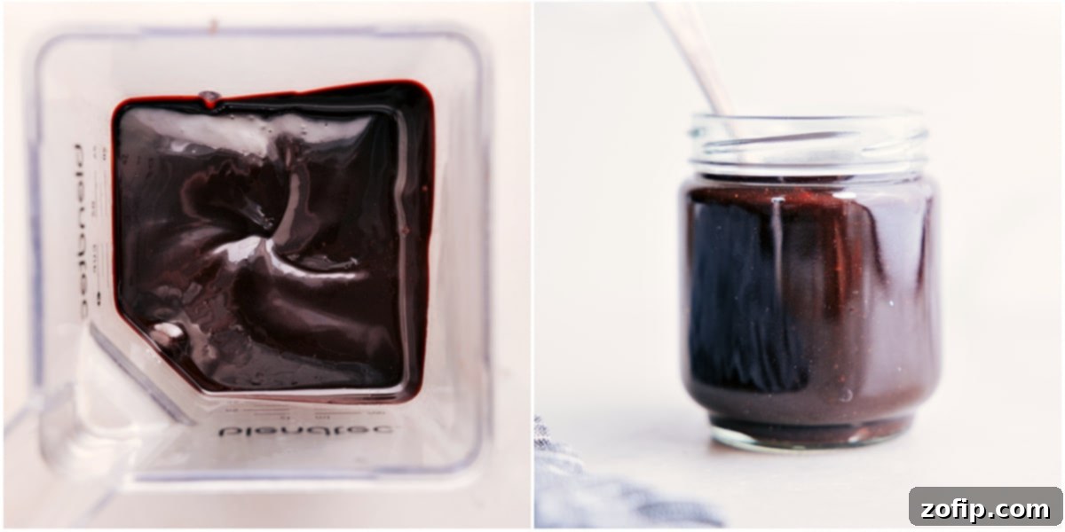 The smooth, rich hot fudge sauce is poured from a blender into a clear mason jar, ready for storage and serving, highlighting its perfect consistency.
