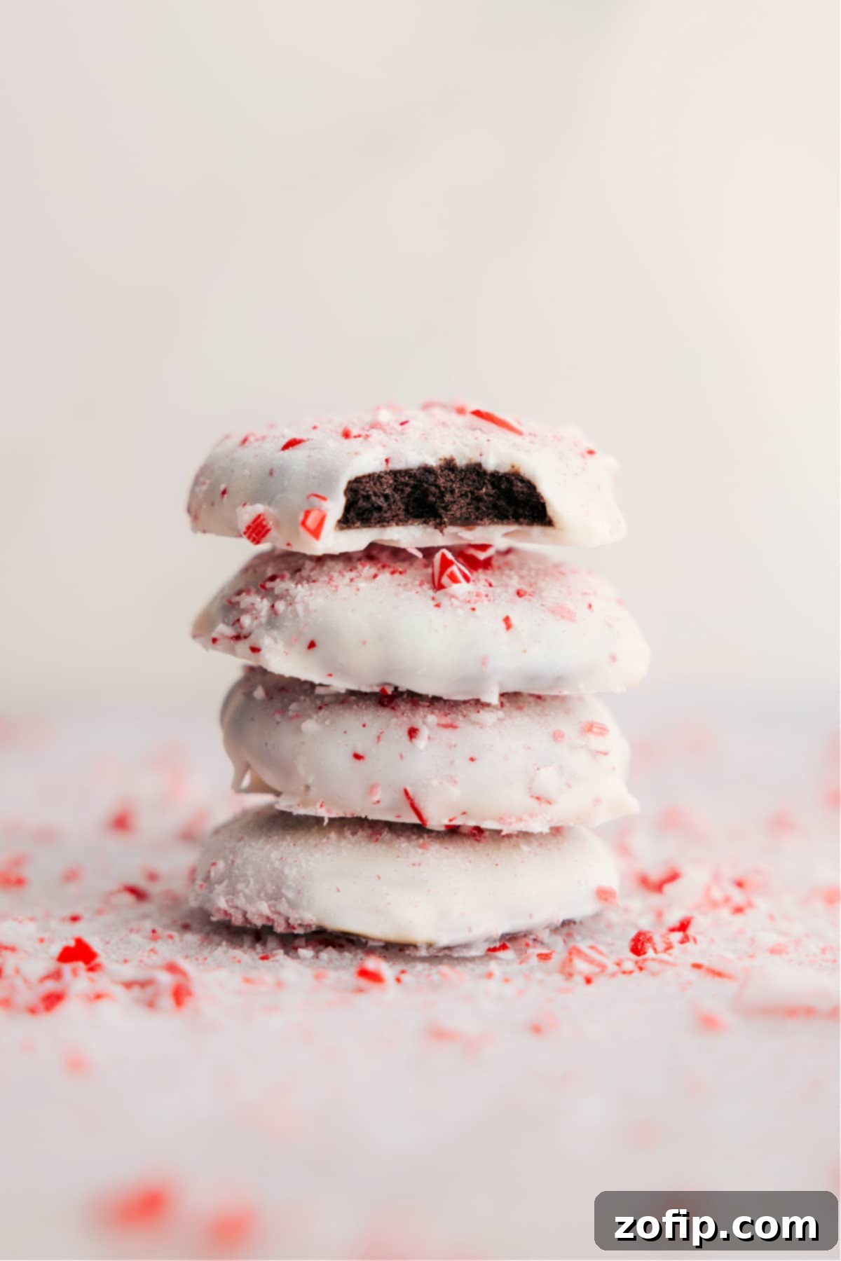 Stacked Peppermint Cookies with a bite missing from one, showcasing the minty center and white chocolate coating with crushed candy canes.