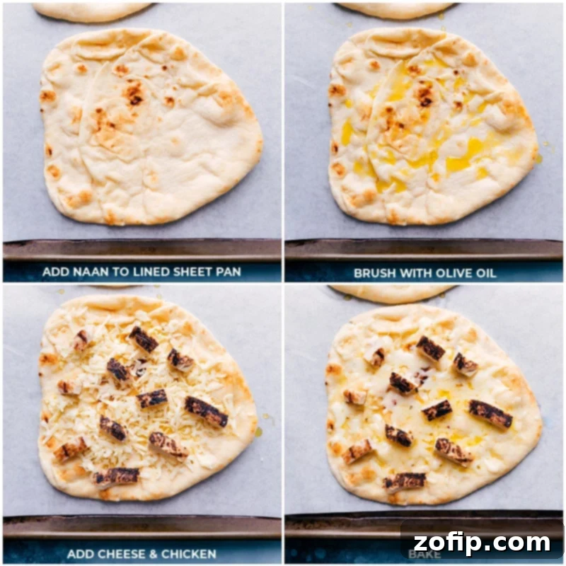 Steps for making Chipotle Chicken Flatbread: naan bread brushed with olive oil, topped with shredded pepper-jack cheese and rotisserie chicken, ready for baking.