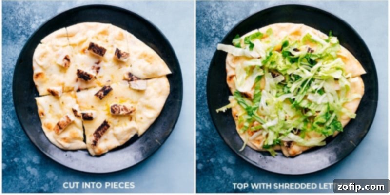 Shredded iceberg lettuce being added as a topping to a freshly baked Chipotle Chicken Flatbread, showcasing the layering of fresh ingredients.