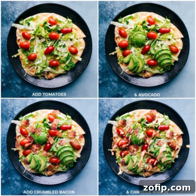 Assortment of fresh toppings for Chipotle Chicken Flatbread: sliced avocado, halved cherry tomatoes, and crumbled bacon, ready to be added to the baked flatbread.