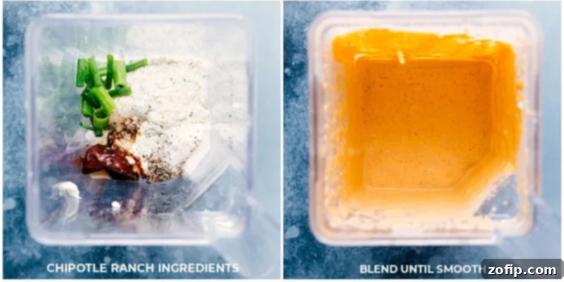 Process of making Chipotle Ranch dressing: chipotle peppers, mayo, and other ingredients in a blender, followed by the smooth, creamy finished dressing.