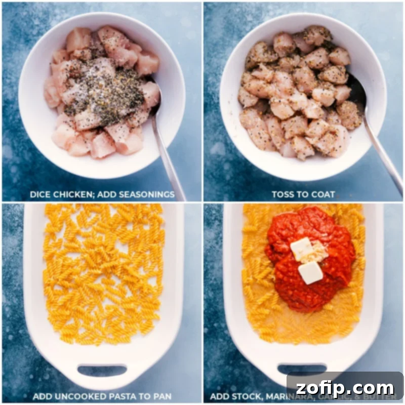 Process shots showing uncooked chicken being seasoned, then raw pasta, chicken stock, marinara, garlic, and butter added to a 9x13-inch pan before baking.