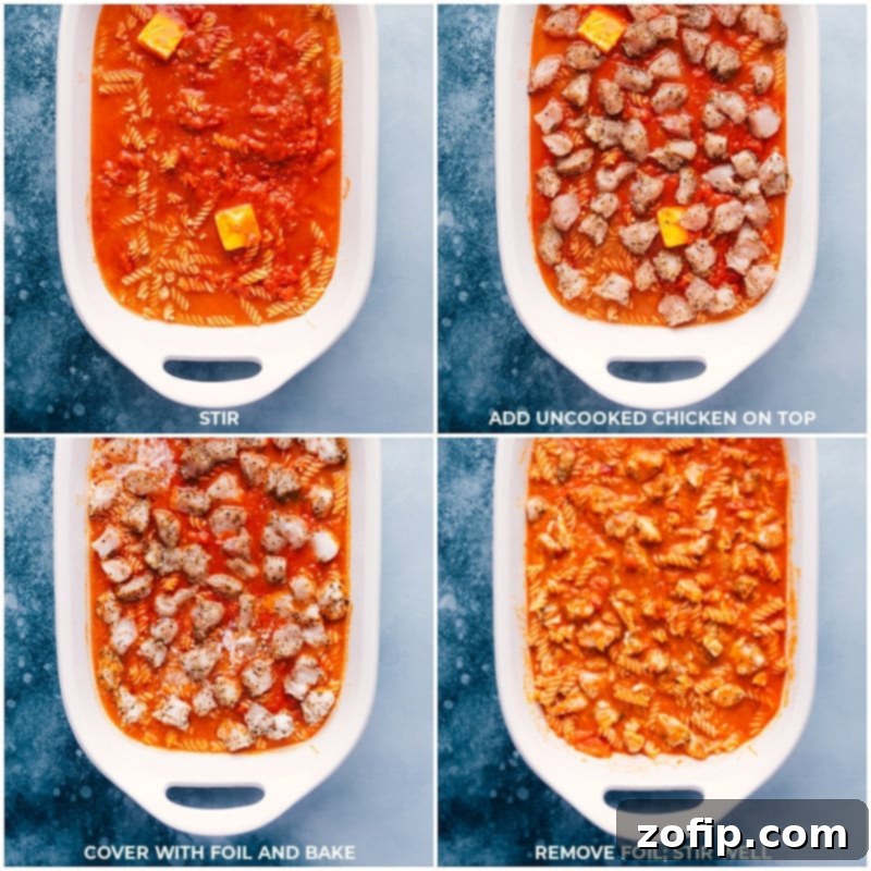 Process shots showing seasoned chicken being added to the pasta and sauce mixture in the baking dish, then everything being stirred together.
