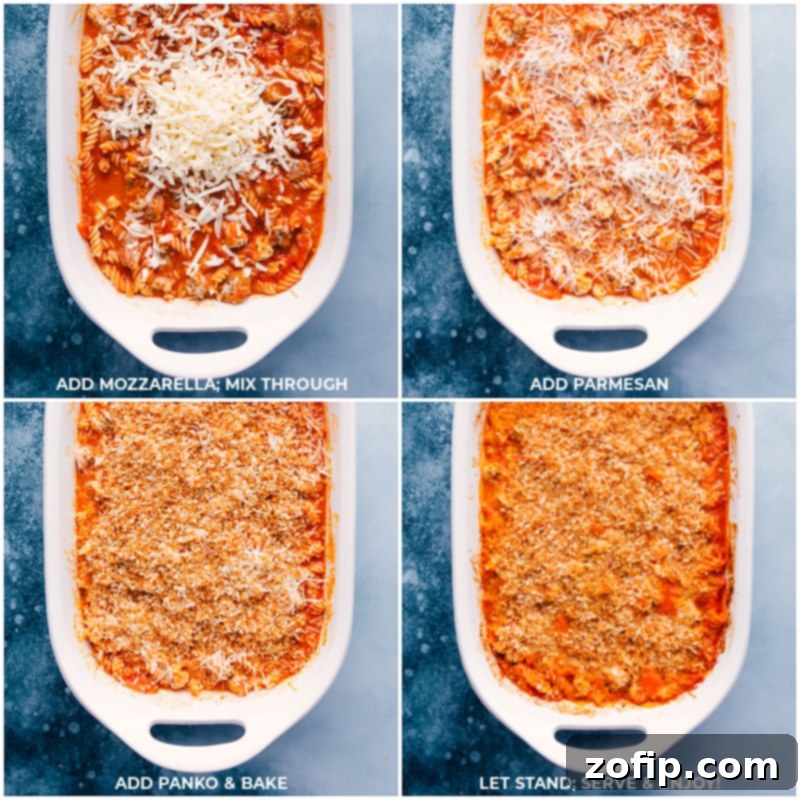 Process shots showing mozzarella, Parmesan cheese, and panko breadcrumbs being added to the Chicken Parmesan Pasta before its final bake.