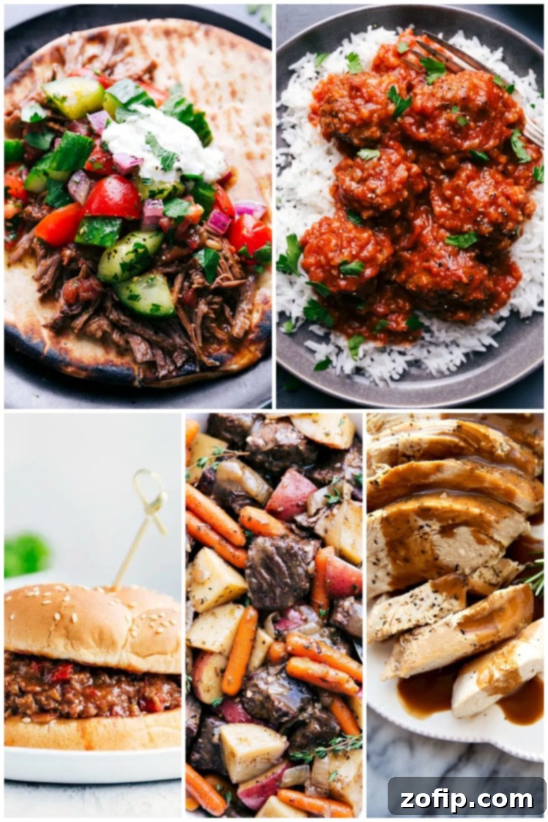 30 Effortless Slow Cooker Meals 6 Collage of delicious 'dump-and-go' dinner recipes