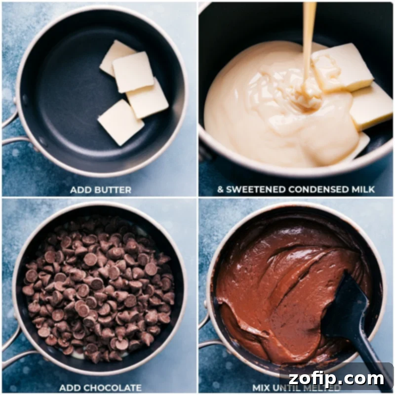 Foolproof homemade chocolate Fudge Recipe! No special equipment or candy thermometer needed to make this quick and delicious candy. Recipe via ChelseasMessyApron.com #fudge #candy #chocolate #easy #fast #treat Process shots: butter, sweetened condensed milk, and chocolate chips melting together in a pot