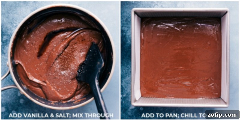 The easiest, foolproof homemade chocolate Fudge Recipe! Recipe via ChelseasMessyApron.com #fudge #candy #chocolate #easy #fast #treat Process shots: vanilla and salt mixed in; fudge added to a pan and chilling to set